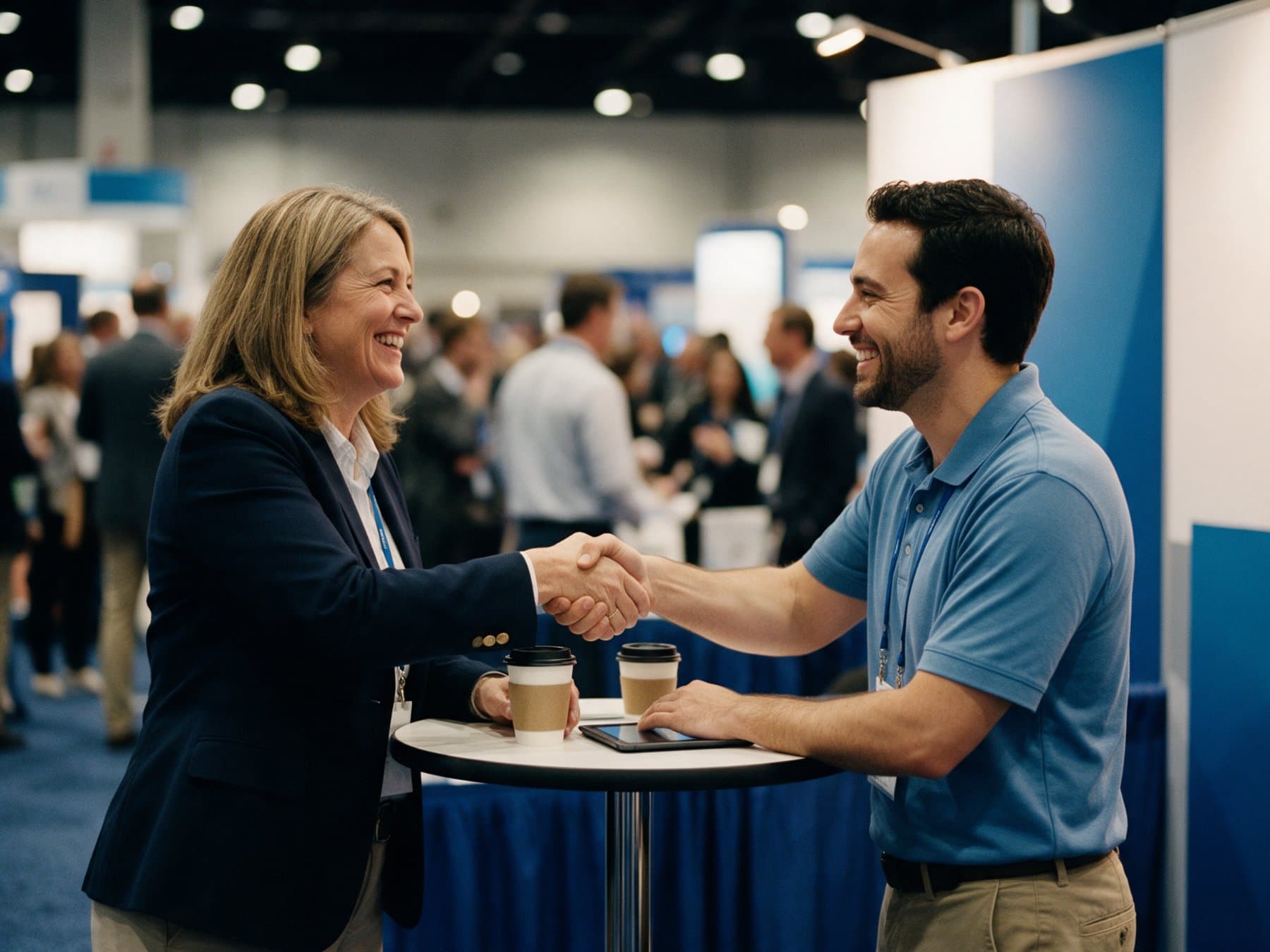A hiring director and a RadiologyJobs associate shaking hands at a conference booth