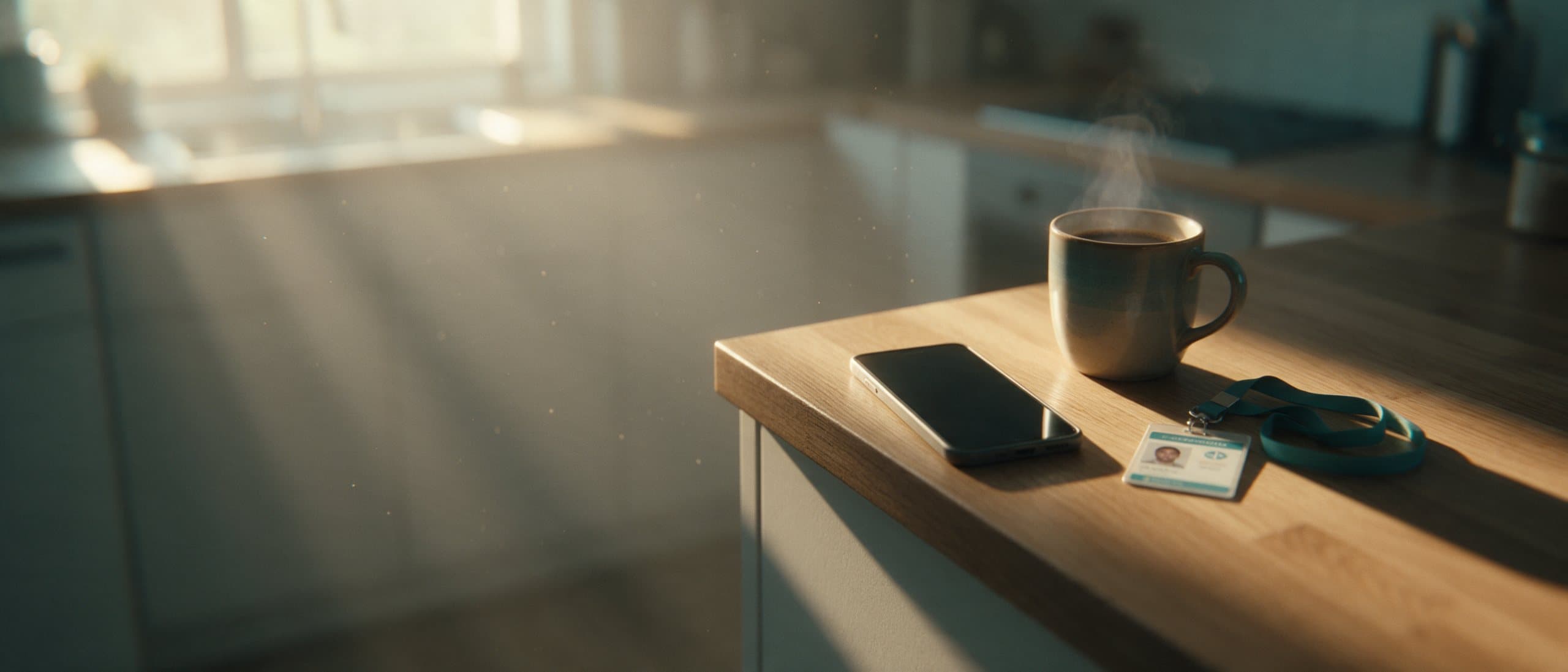 A quiet kitchen counter at sunrise with a silent phone, coffee and a hospital badge
