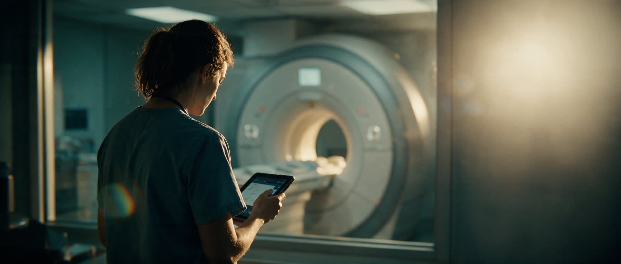 A technologist reviewing a tablet in an MRI control room