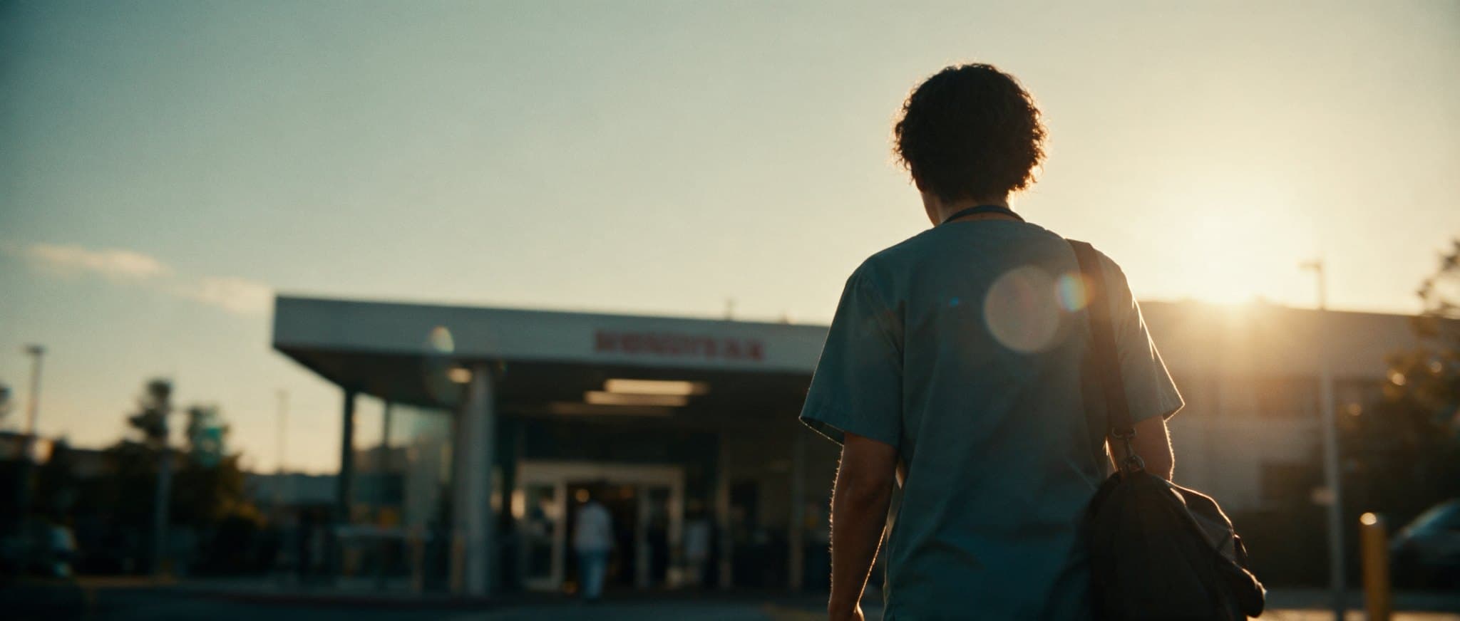 A healthcare worker walking out of the hospital at sunset