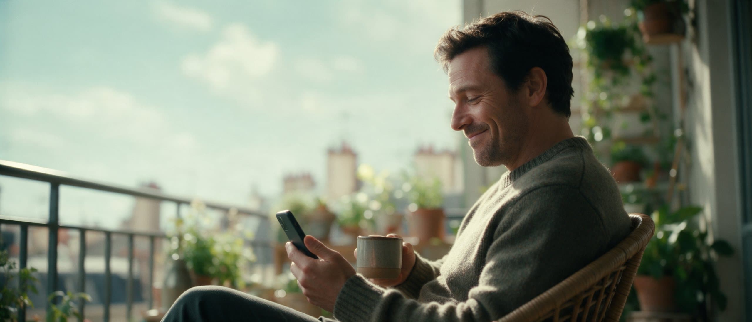 A man reading one message on his phone over Sunday coffee